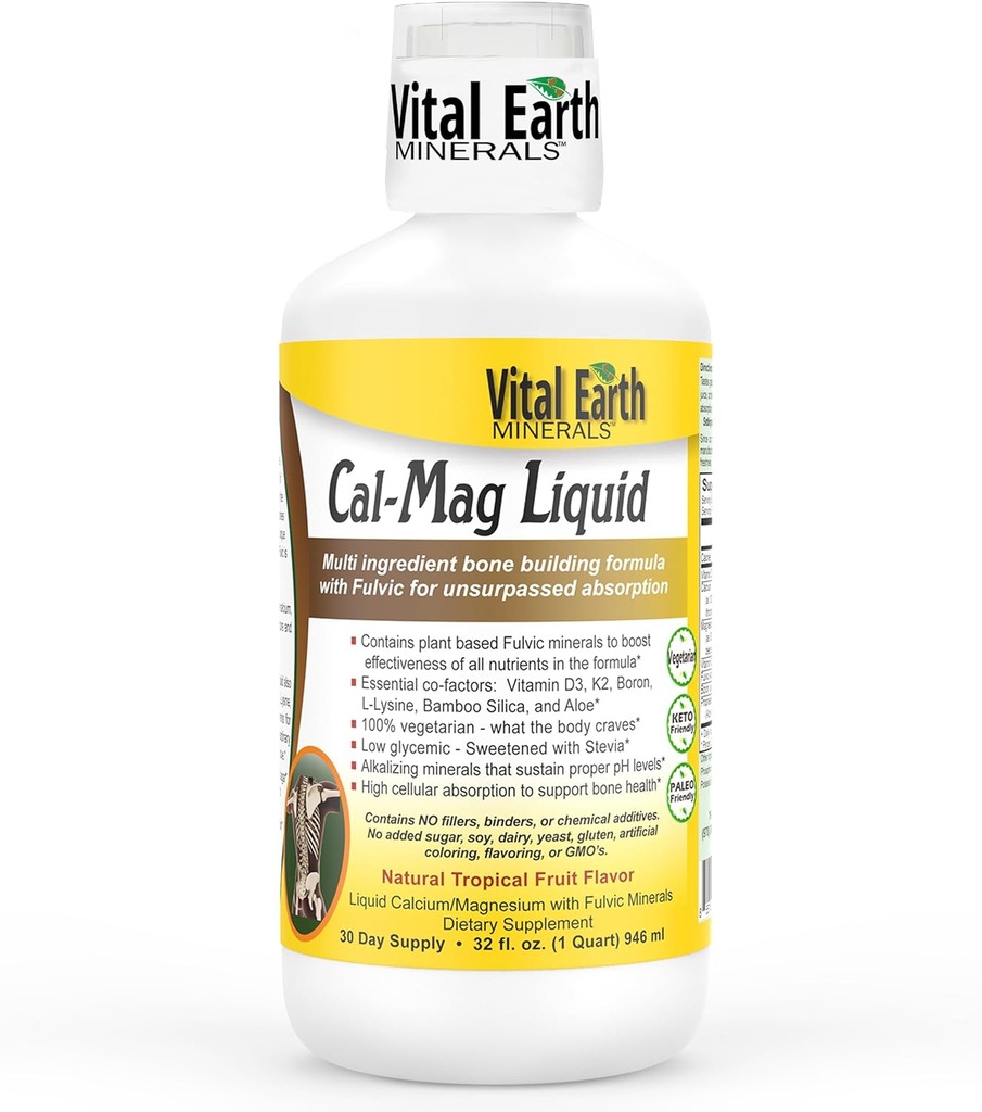 Vital Earth Minerals Cal-Mag Sıvı - Vitamin D3, K2, Boron ve Fulvic Acid for Faster Abception, 32 Oz + 1 Oz Cup
