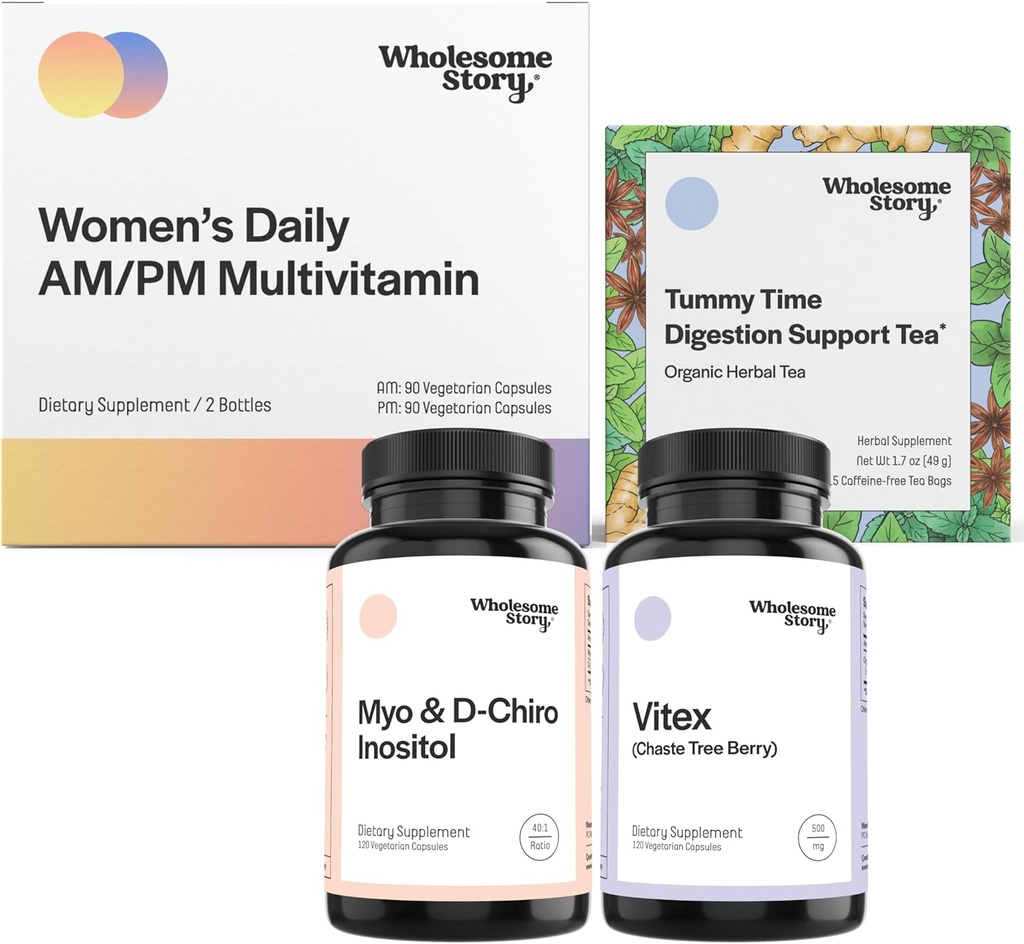 PMS 지원 번들 | Myo-Inositol & D-Chiro Inositol Blend Capsule 30-Day Supply | 여성용 Vitex Chasteberry Supplement 120일 공급 | 여성용 프리미엄 멀티비타민 | 모닝시 차 15ct