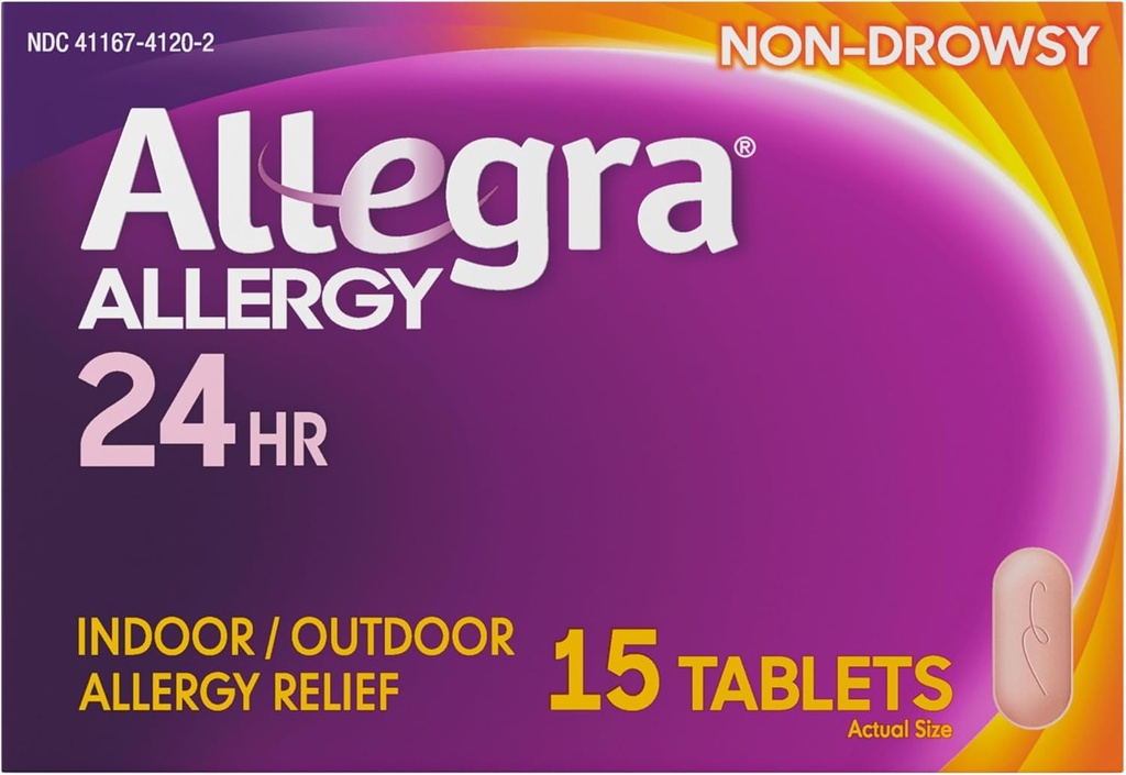 Allegra Adult 24HR Non-Drowsy Antihistamine, 15 tabletter, Fast-Acting Allergy Symptom Relief, 180 mg