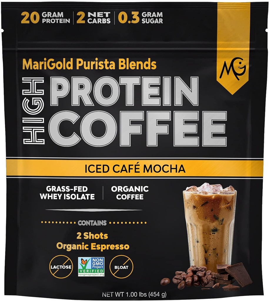 Marigold High Protein Coffer - Ied Café Mocha, 20g Gras Fed Way Protein Proten, Boost, 2 Shots Organic Espresso, Not-GMo, 2 Net Carb, 1 Lb Bas, 15 sering