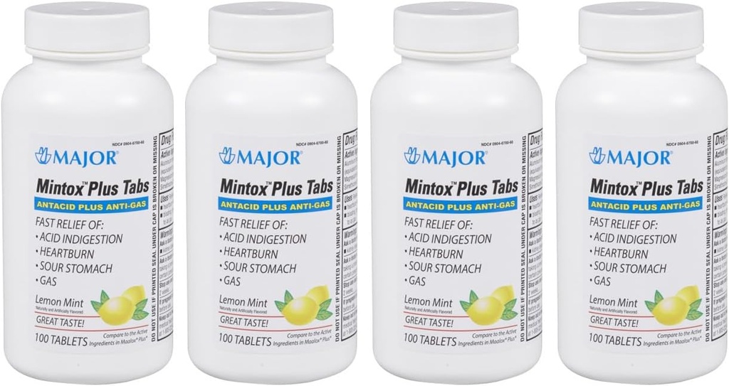 Tables MAJOR Mintox Plus - Comprimés anti-gaz Antacid Plus - aide à soulager rapidement l'indigestion acide, les brûlures d'estomac, l'estomac acide et le gaz - Aromatisé à la menthe citronnée - 100 Compte (4 paquets)