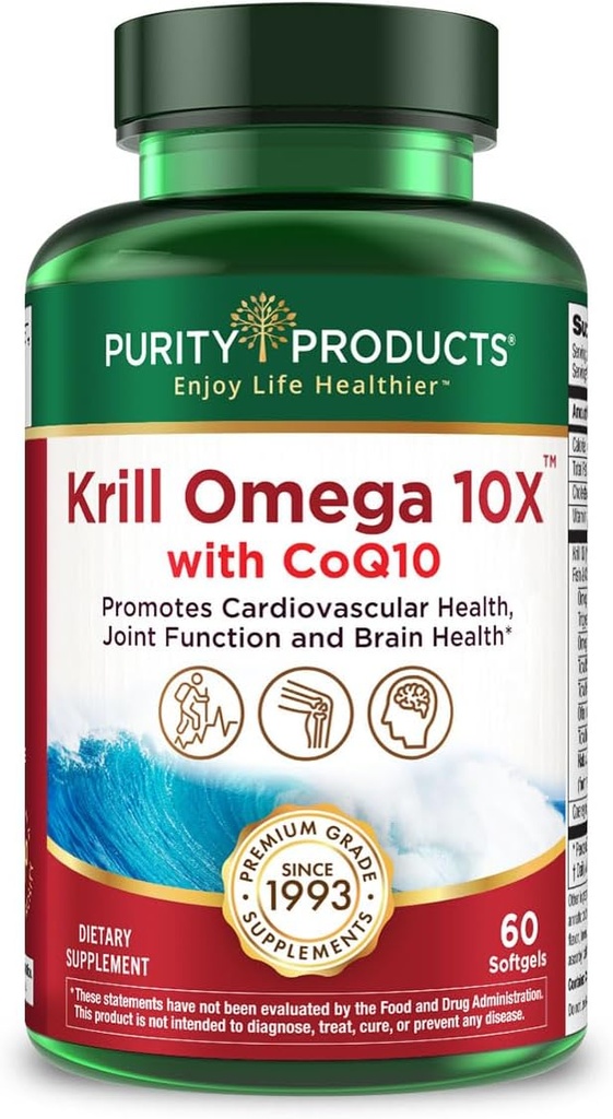 Krill Omega 10X più EPA & DHA con CoQ10 Super Formula da prodotti di purezza. 60 GELS
