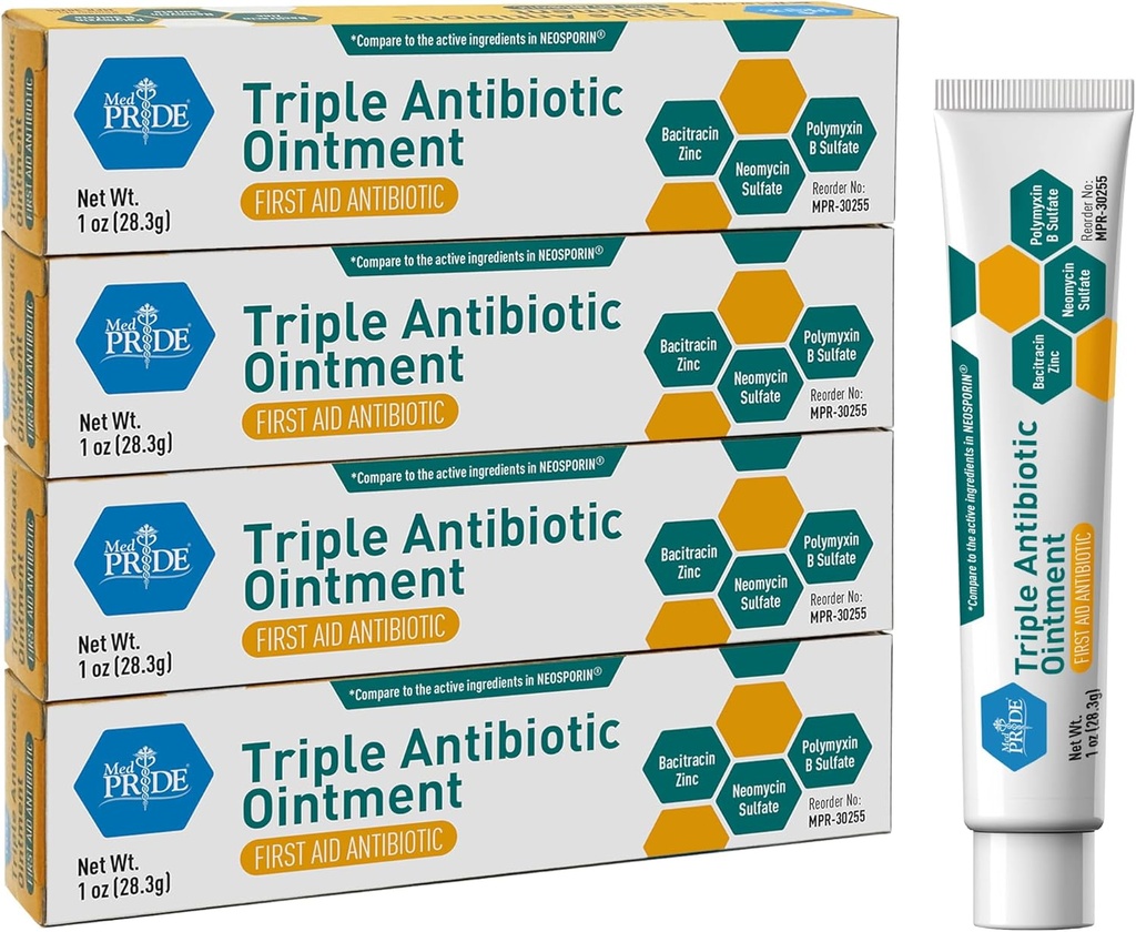 MED Pride Triple Antibiotic Pride Salve Tube 1 Oz 4-Pack, Førstehjælp til mindre sår, Scratches, Abrasions, med zink, Neomycin, Polymyxin