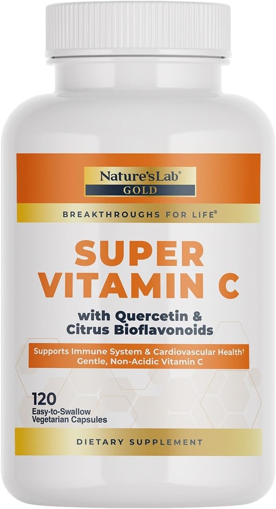 Nature's Lab Gold Super Vitamina C 1000mg - Apoio ao sistema inmunitario - contén complexo de bioflavonoides e quercetina - non ácido, non-GMO, libre de glute, vegano - 120 cápsulas (2 meses de subministración)