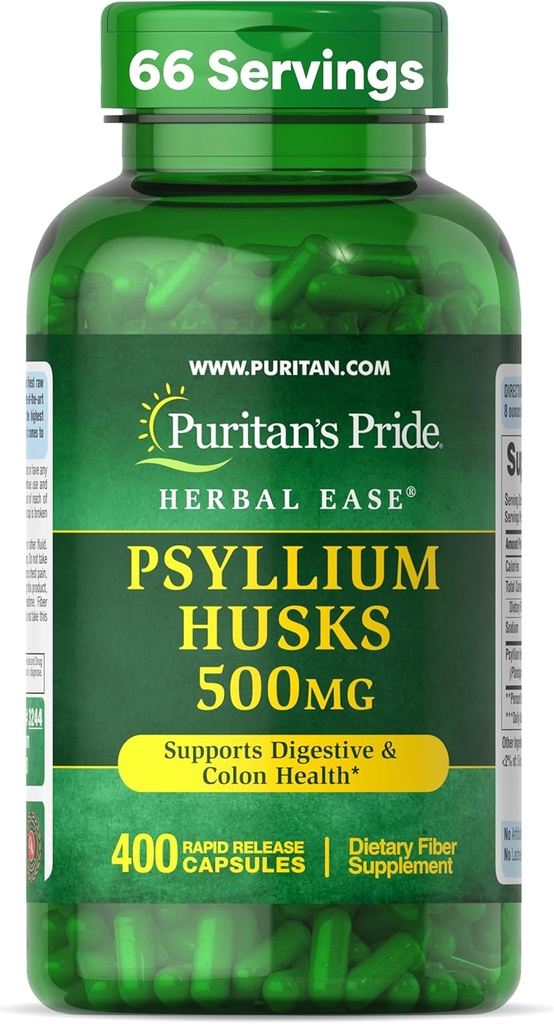 Puritan 's Pride Bylinné Ease ® Psylium Husks 500mg, Dietní dodatek pro stravovací, kolonu, a srdeční zdravotní podpora, Denní Fiber Kapsle, 2 Měsíční dodávky, 400 Rychlé uvolnění Kapsle