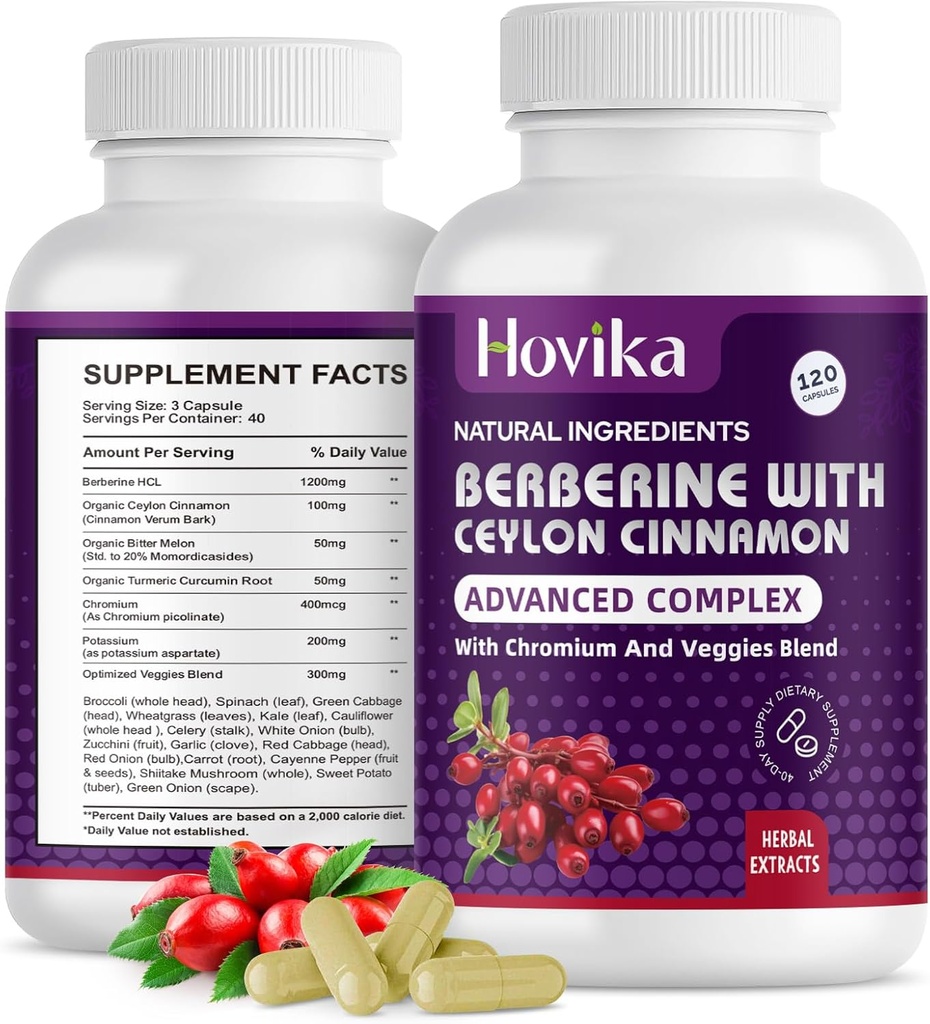 Berberine HCL Capsules 1200 mg - Berberine Suplemen dengan Cinnamon Ceylon, Chromium, Vegies Blend - Mendukung Metabolisme dan Immune System, Gut Kesehatan - 120 Mudah untuk Swallow Vegan Pil