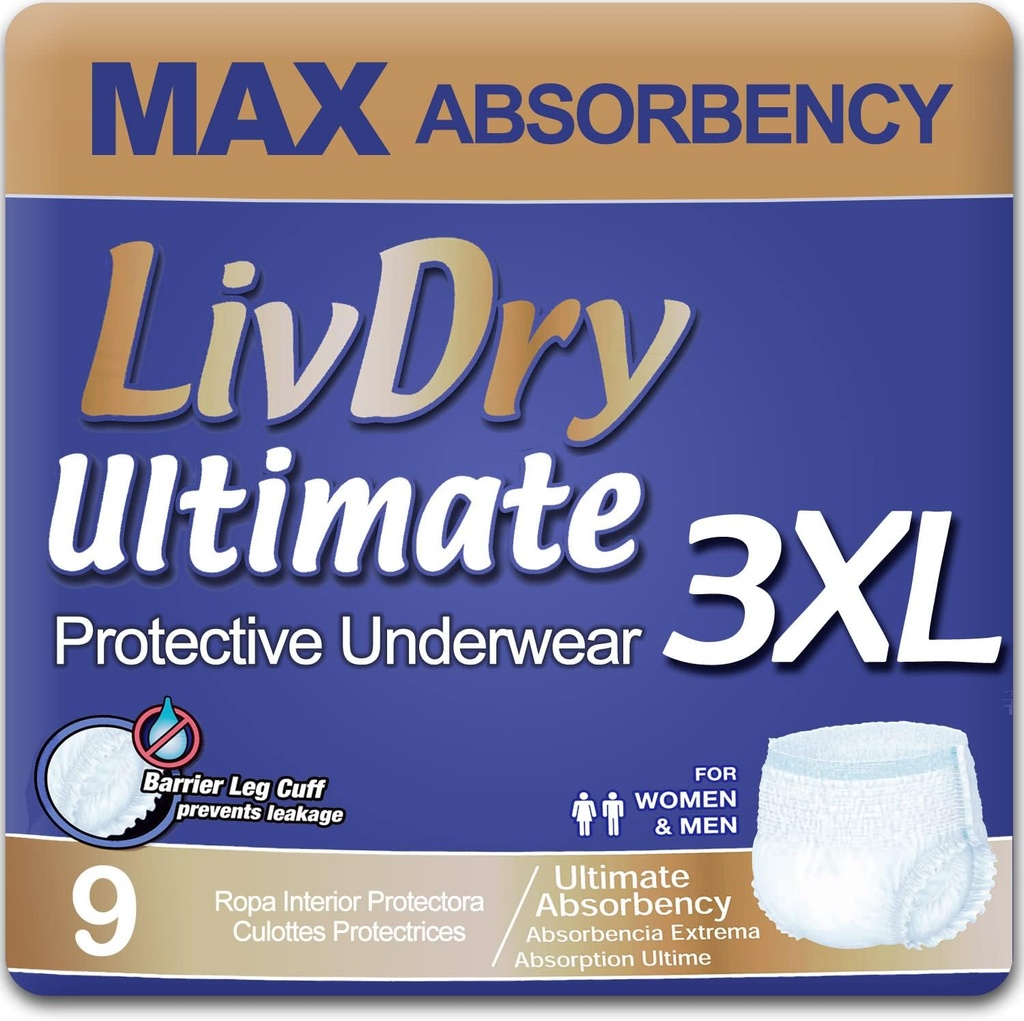 LivDry Ultimate Adult Incontinence Underwear, High Absorbence, Leak Cuff Protection (XXX-Large (9 Count))