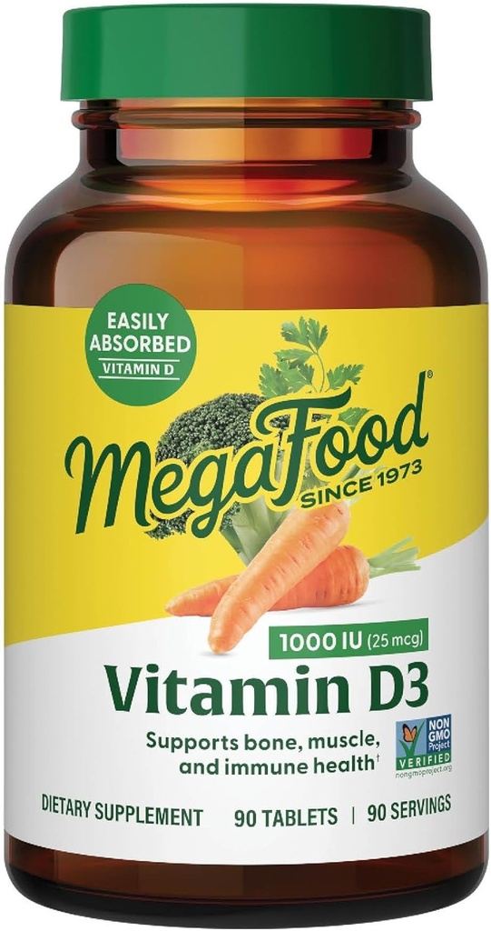 MegaFood vitamīns D3 1000 SV (25 μg) - D vitamīna piedevas ar īstu pārtiku, imūno atbalstu, atbalsta kaulus, zobus un muskuļus, veģetāriešus, bezglutēna, ne-GMO, košeru – 90 tabletes, 90 Servējumi