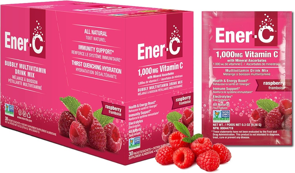 Ener-C Raspberry Multivitamine Drink Mix Poeder Vitamine C 1000mg & Elektrolyten met echt fruitsap Natuurlijke energie & Immune Ondersteuning voor vrouwen en mannen - niet-GMO Veganistisch & Glutenvrij - 30 Tel.