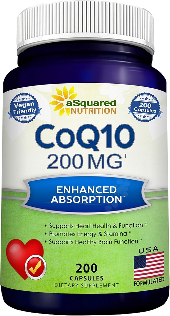 aSquared 营养 CoQ10(200 capsules and 200mg) - 高吸附性Vegan CO Q-10 粉末 - 酶 Ubiquinone 补充药丸, 外抗氧化剂 Coenzyme Q10 维生素, Coq 10 Alernative to Softgels