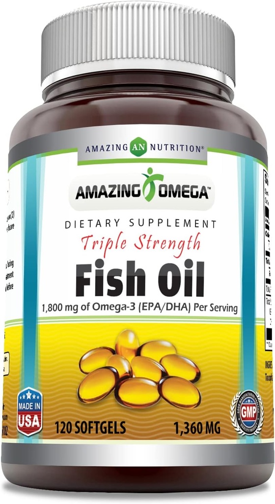 Omega Triple Strength Fish Oil (Omega-3, EPA/DHA) Suplemento | 1360 Mg Per Serving | 120 Softgels | Non-GMO | Gluten-Free | Made in USA