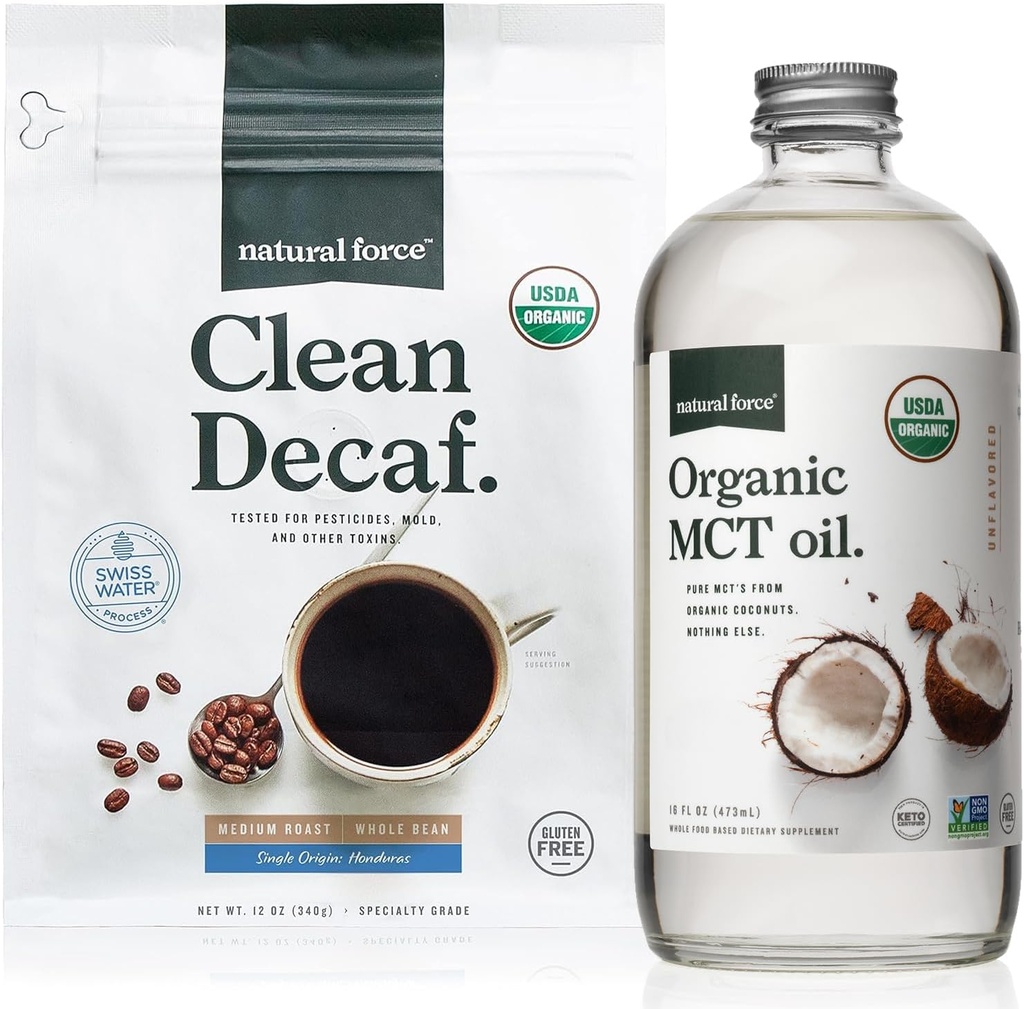 Natural Force Organic Clean Decaf Coffee + Organic MCT Oil Bundle - 100% puhas kookospähkli MCT & Mold & Mycotoxin Free Coffee - Non-GMO, Keto, Paleo ja Vegan - 12 Oz ja 16 Oz