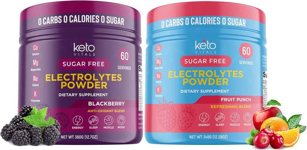 Keto Vitals BlackBerry Bundle s ovocným punčom - 2 balenia Bundle Keto Electrolytes Powder - Keto-Friendly Electrolytes s draslíkom, horčík, sodík, vápnik - BlackBerry & Fruit Punch