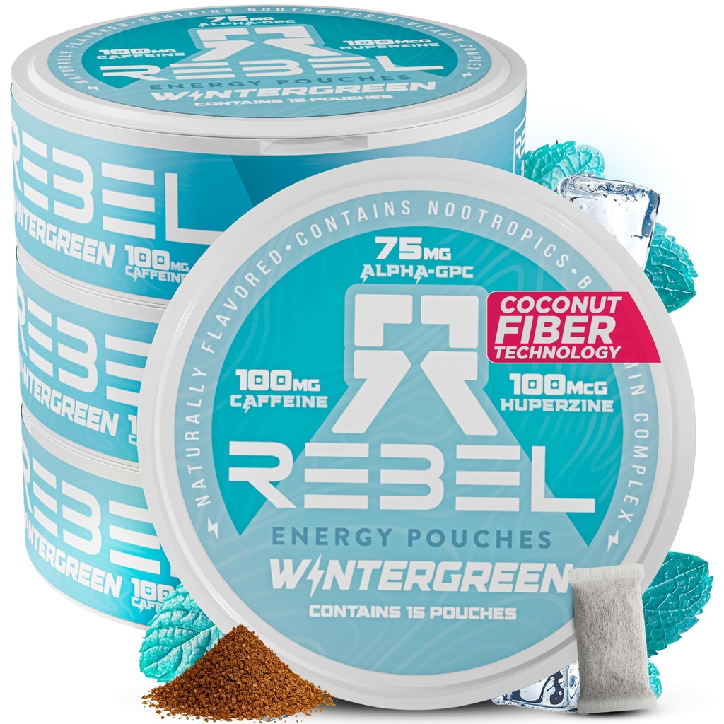 Rebel Nootropic Energy Caffeine Pouches (Wintergreen) • 100mg Caffeine • Alpha GPC • Huperzine A & Essential Vitamins • Sugar-Free • Coconut Fiber Technology • 15 Pouches Per Can (Pack of 4)