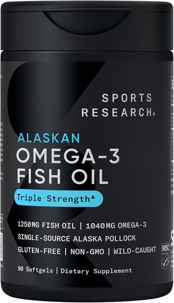 Sports Research Triple Force Omega 3 Ulei de peşte - Burpless Fish Oil Supplement w/EPA & DHA Fatty Acids from Single-Source Wild Alaska Pollock - 1250 mg, 90 ct
