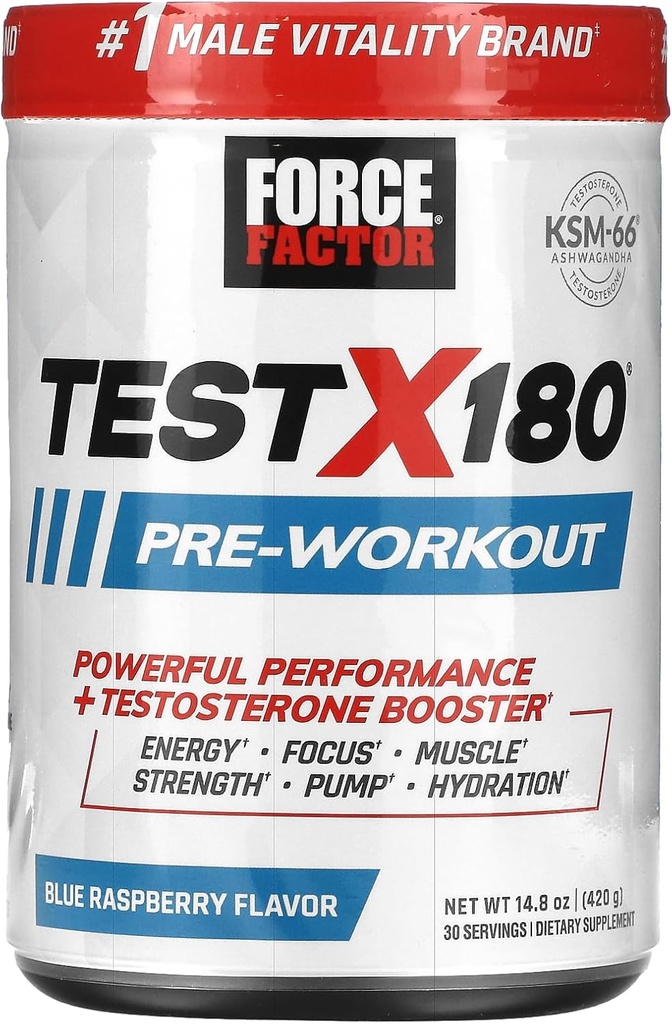 FORCE FACTOR Test X180 Pre-Workout Powder & Energy Supplement, Boost Focus & Endurance, Build Muscle & Strength, Suplemento de óxido nítrico con Ashwagandaha & L-Citrulline, Blue Raspberry, 30 servizos