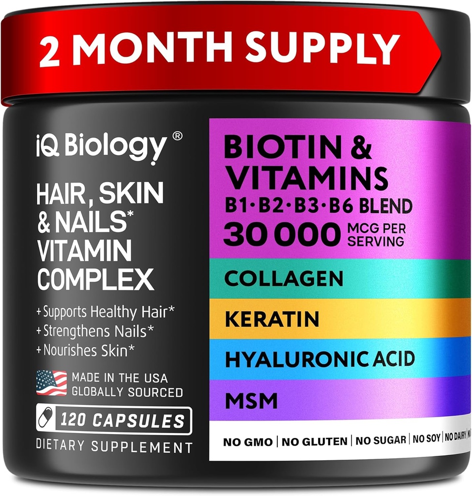 Biotin för hårväxt kvinnor och män med Keratin, Collagen Complex 30000 mcg - kapslar för håravfall & starkare tjocklek - Hud & naglar vitaminer, Biotin 10000mcg och Collagen kosttillskott - 120 piller