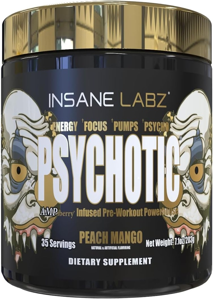 Insane Labz Psychotic Gold, High Stimulant Pre Cvičenie Powder, Extrémne Trvalá energia, Čerpadlá a vytrvalosť s Beta Alanyne, DMAE bitartrate, NO Booster (35 Servings, Peach Mango)