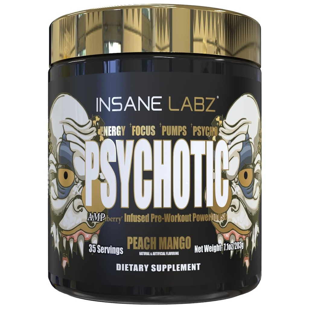 Insane Labz Psychotic Gold, High Stimulant Pre Workout Powder, Extreme Lasting Energy, Pumps and Endurance with Beta Alanine, DMAE Bitartrate, NO Booster (35 Servings, Peach Mango)