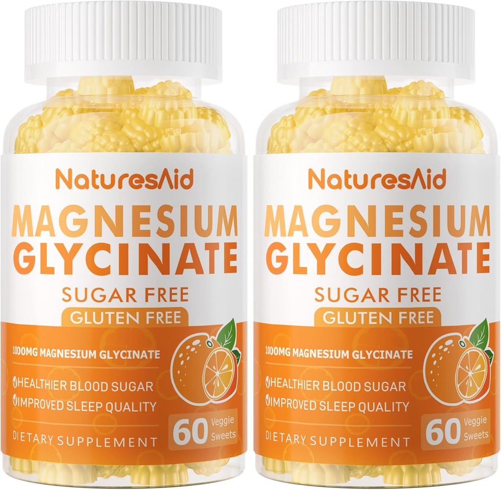 Glycinát hořečnatý Gummies 1000mg - Doplněk hořčíku bez cukru s vitaminem D, B6, CoQ10 pro podporu klidu a spánku - 120 Orange Gummies -2 Pack