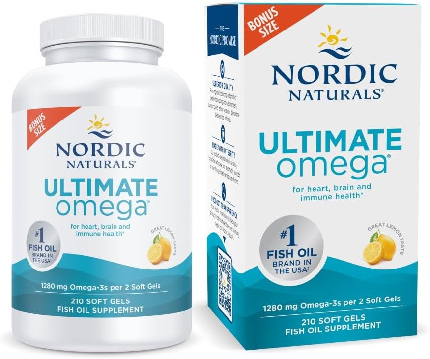 Nordic Naturals Ultimate Omega, Limon Flavor - 210 Soft Gels - 1280 mg Omega-3 - EPA & DHA ilə High-Potency Fish Oil - Brain & Heart Health - Non-GMO - 105 Xidmət