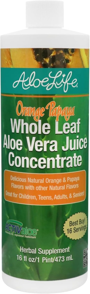 Aloe Life - Toàn bộ lá Aloe Vera Juic, được cấp chứng nhận, Gluten- Free (Orange Papaya, 16 oz)