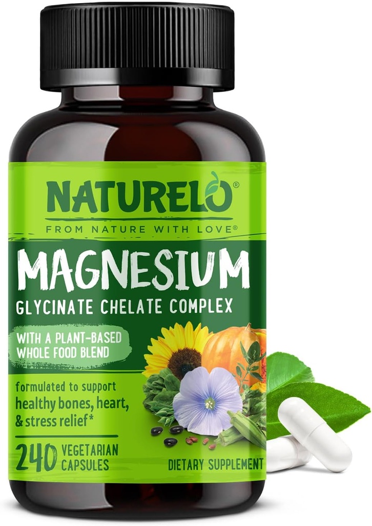 NATURELO Magnézium Glycinate Chelate Complex - 200 mg horčíka s organickou zeleninou na podporu spánku, pokoja, svalovej Cramp a stresu Relief - Gluten Free, Non GMO - 240 kapsúl