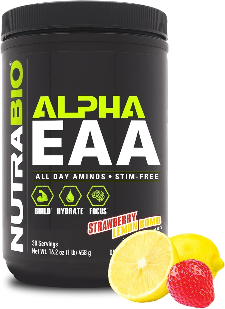NutraBio Alpha EAA - All-Day Amino Acides for Muscle Growth and Hydration - Essential Amino Acides with Nootropics & Adaptogens- Full Spectrum EAA BCAA Powder - 30 Servings - Jahodová citrónová