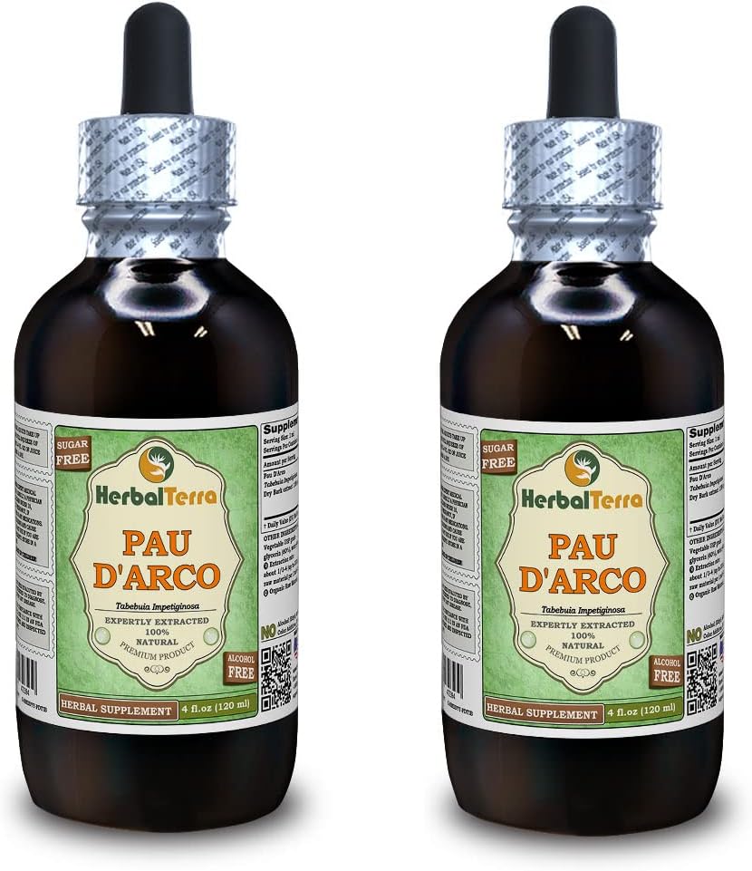 PAU d 'arco (Tabebuia Impetiginosa) Glicerite, Dried Bark Alcohol Free Liquid Extract (Nazwa marki: HerbalTerra, Proudly Made in USA) 2x4 fl.oz (2x120 ml)