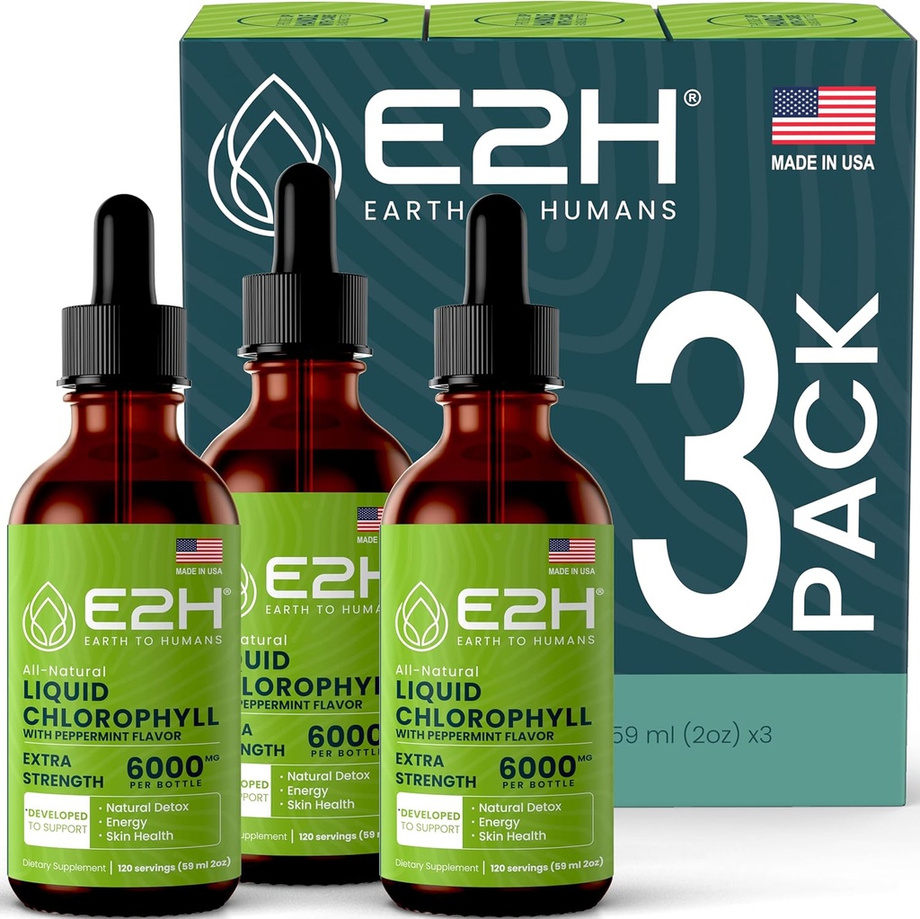 E2H Chlorophyll Liquid Drops - Natural Energy Booster, Immune System Support and Internal Deodorant - Peppert - (3 בקבוקים)