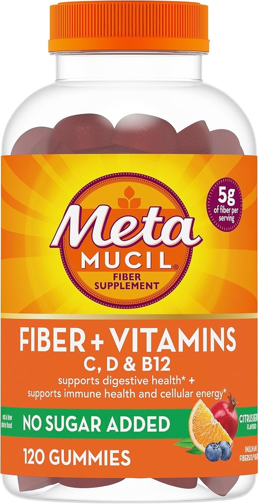 Metamucil Fiber Gumries pentru adulți cu vitaminele C, D, B12 pentru metabolism, fără zahăr adăugat Citrus Berry Flavor, 5g plante pe bază de prebiotice supliment de fibre Blend, 120 Conte