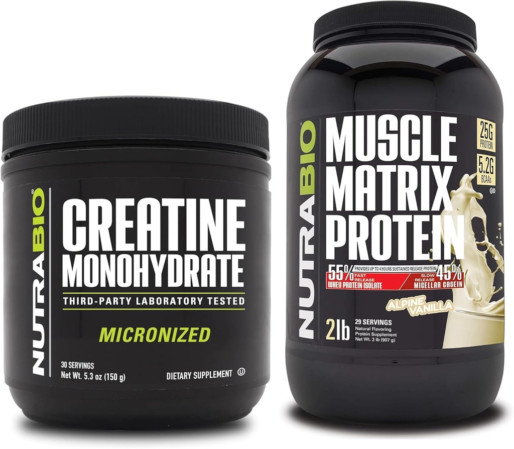 NutraBio Creatine Monohydrat, Unflavored, (150 g) und Muscle Matrix Protein Powder, (Vanilla) Supplement Bundle – Muskelenergie, maximales Wachstum, Erholung und Stärke