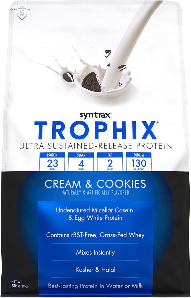 Syntrax Nutrition Trophix, Ultra Sustained-Release Protein Powder Blend, Cream ' Cookies, 5 lbs. Real Cky Pieces