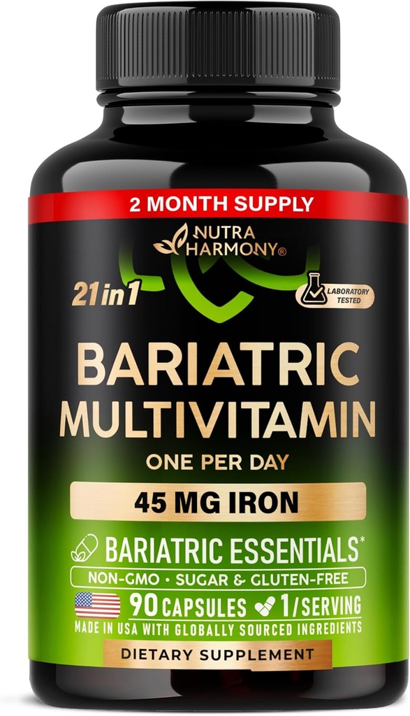 Bariatric Multivitamin - 45 mg Iron Supplements - ABŞ-da - Qadınlar və Kişilər üçün - All-in-One, 21 Essential Vitamins - Gastric kağızı - Sugar, Gluten & Soy - 90 Kapsül, Gündən Sonra