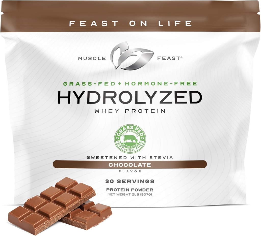 Muscle Feast Hydrolyzed Whey Protein Powder, Grass Fed and All Natural Hormone-Free, Hydro Whey Powder for Men and Women, gluten Free, Non- GMO, Delicious Hydrolyzed Protein Powder, Chocolate, 2lb