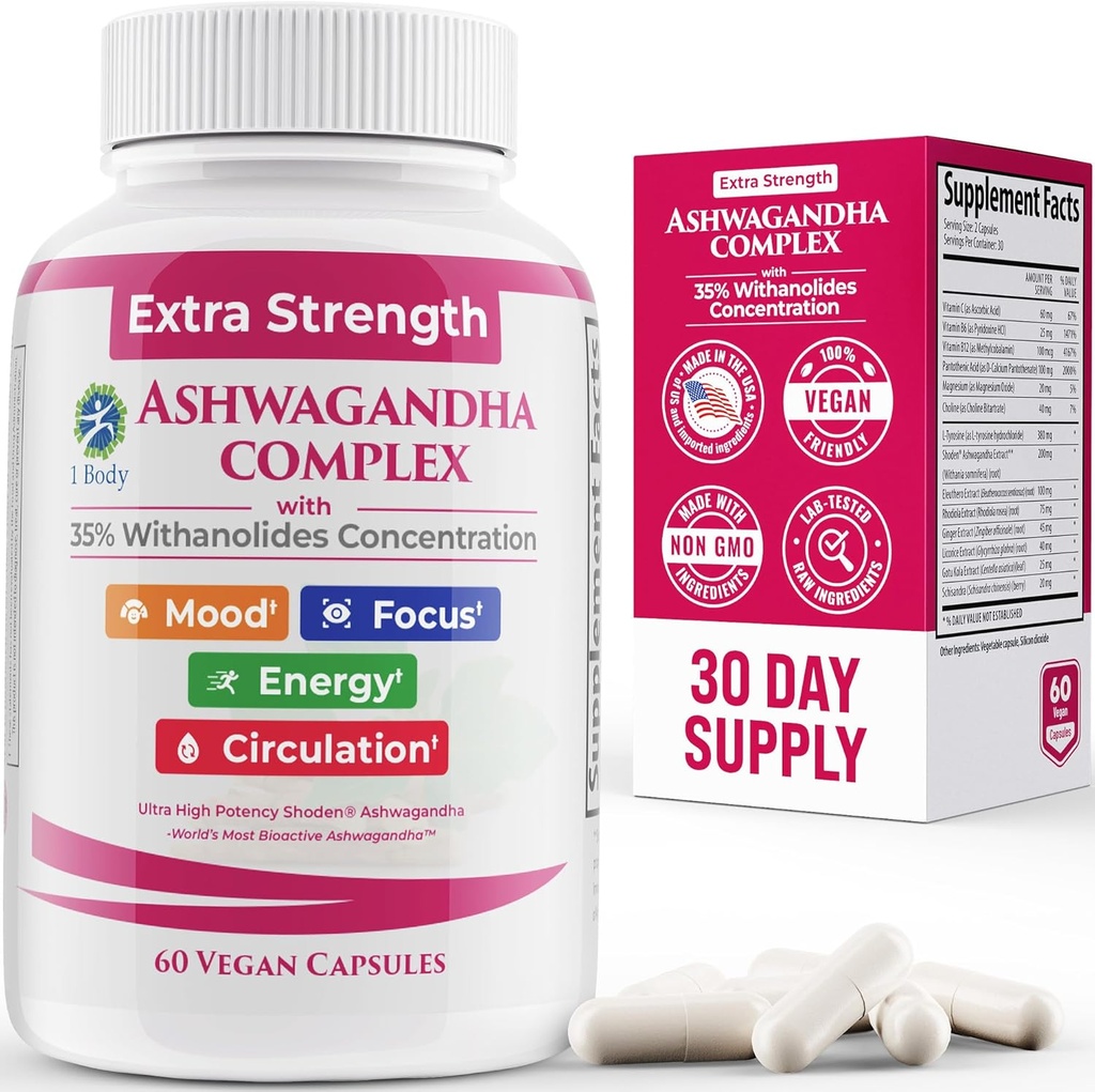 100% Natural Shoden Ashwagandha Complex supplement - Ultra High Potency 35:1 Concentrated Root Extract for sleep ' Energy Support - Vegan, Non-GMO - 60 Ashwagandha Capsules