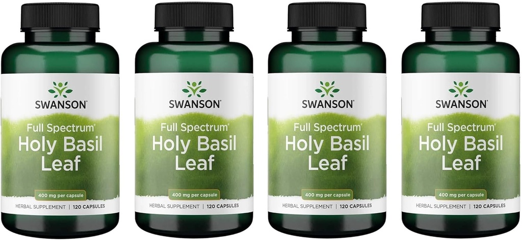 Swanson Holy Basile Leaf (Tulsi) - Soutien du stress et supplément de bien-être - (120 capsules, 800mg par portion) (4 pack)