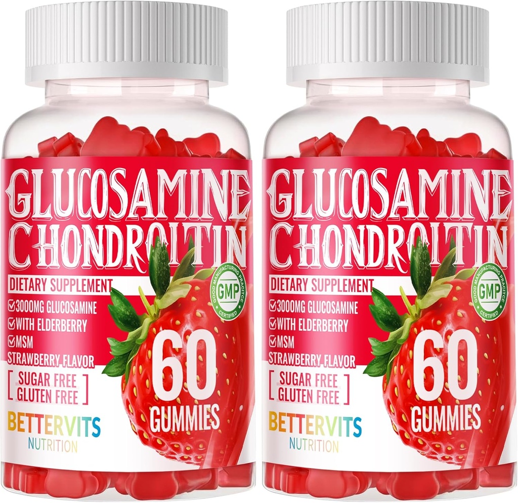 Glucosamina Condroitin Gummies com HSH & Elderberry Força Extra - Apoio Conjunto, Suplemento de Suporte Imune Antioxidante para Adultos, Homens e Mulheres. 120 Pastilhas de morango