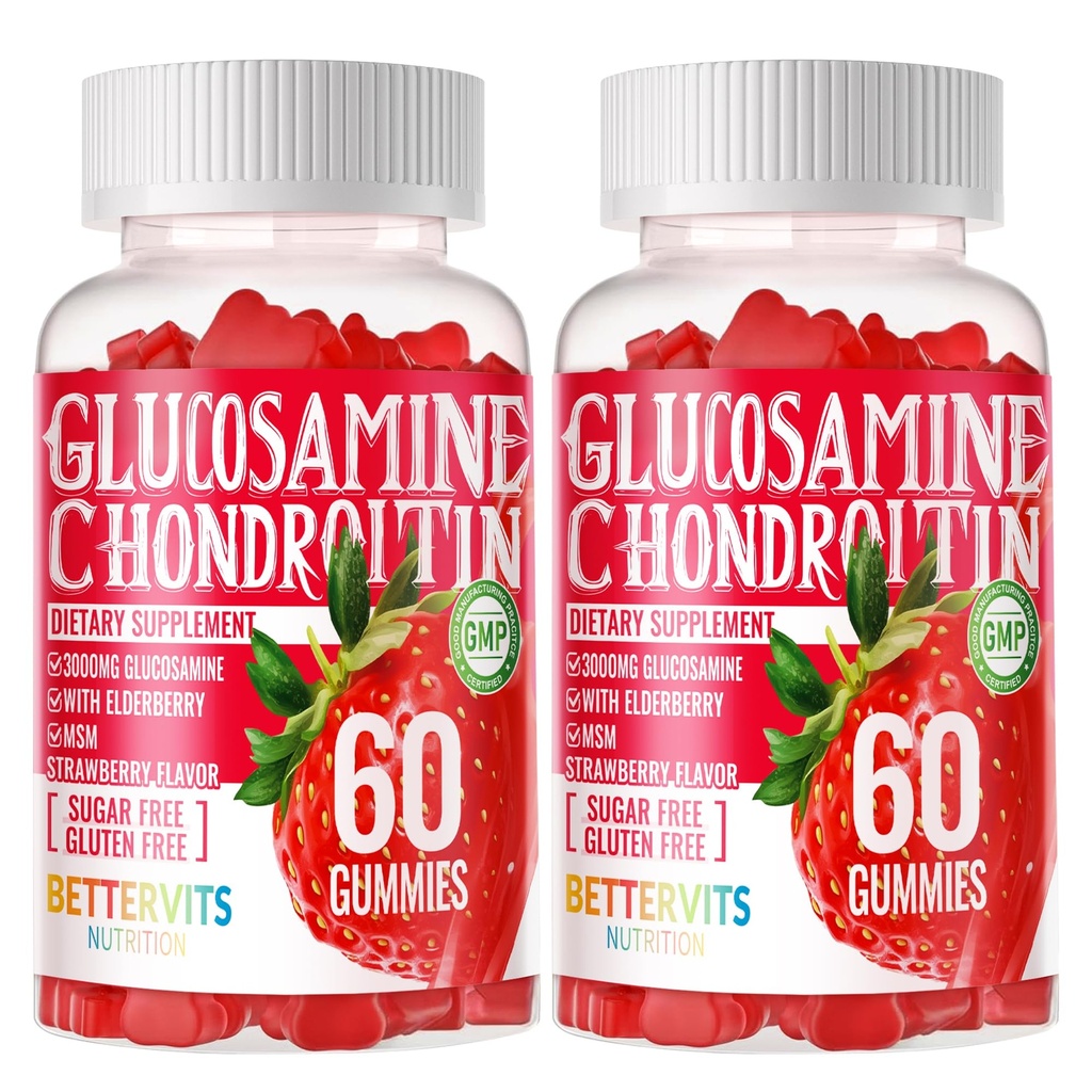 Glucosamine Chondroitin Gummies with MSM & Elderberry Extra Strength - Joint Support, Antioxidant Immune Support Supplement for Adults, Men & Women.120 Strawberry Gummies