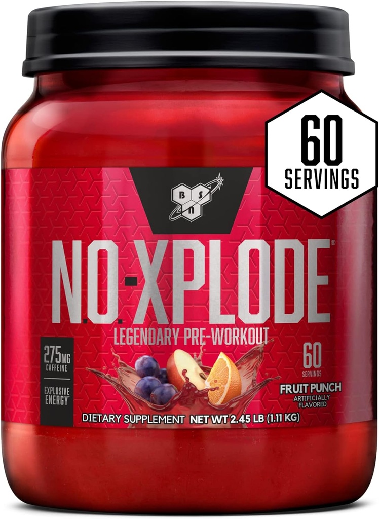 BSN N.O.-XPLODE Pre Workout Supplement with Creatine, Beta-Alanine, and Energy, Fruit Punch, 60 zerbitzari, 2,45 libra (Packaging May Vary)