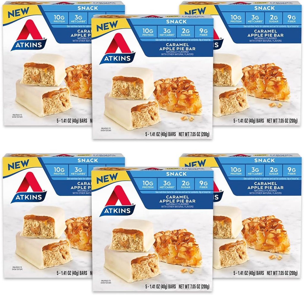Atkins Snack Bar, Caramel Apple Pie, φυσικώς αρωματισμένη, καλή πηγή πρωτεϊνών και ινών, χαμηλή υδατάνθρακες, χαμηλή ζάχαρη (30 bars)