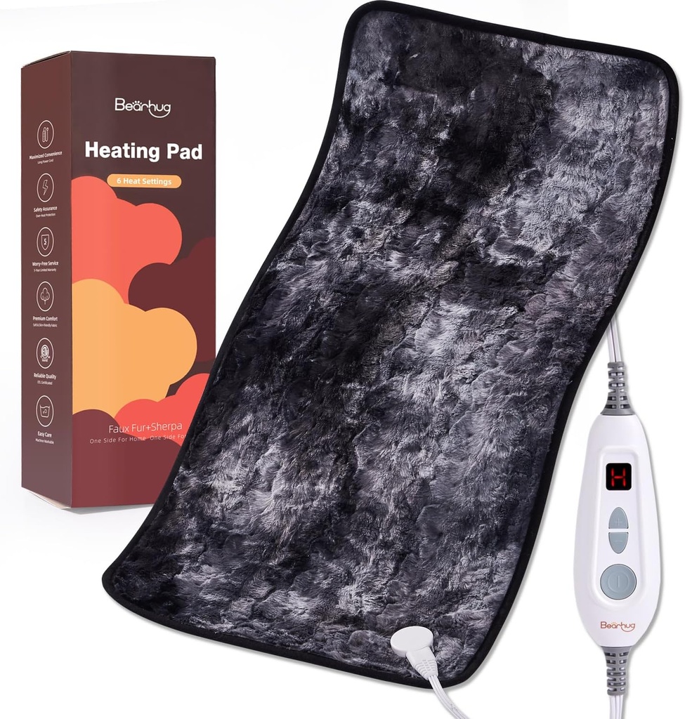 Bearhug XXL Electric Heated Pad 17''x33'' Double-Sided Faux Fur Heating Pad, 6 Heat Levels, 2-Hour Auto-Off, Moist & Dry Heat Therapy for Back Pain Relief, Machine Washable, ETL Certified - Gift Box