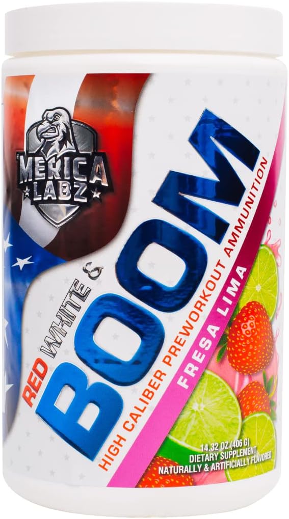 'Merica Labz Red, White, and Boom, High Caliber Pre Workout with VasoDrive-AP®, 350mg Caffeine, Max Energy, Pump and Focus, Increased Blood Flow and Muscle Volume, 20 Servings (Fresa Lima)