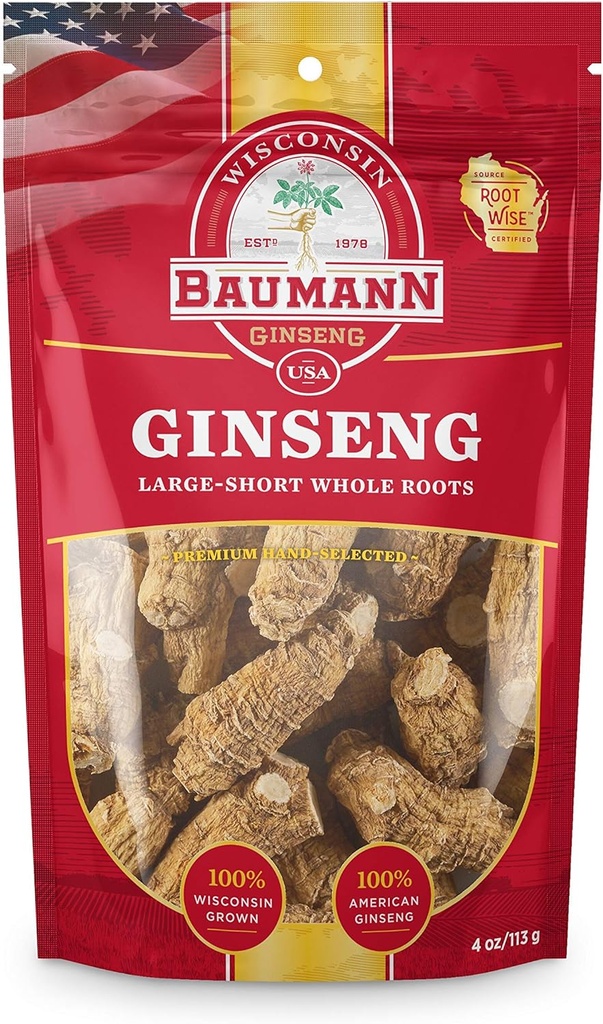 Baumann Wisconsin Ginseng Whole Roots - Large Short (4 oz.) - 100% Natural Wisconsin Grown Panax Ginseng Herb - Pure Dried American Ginseng with Antioxidant Ginsenosides for Enhanced Focus & Energy