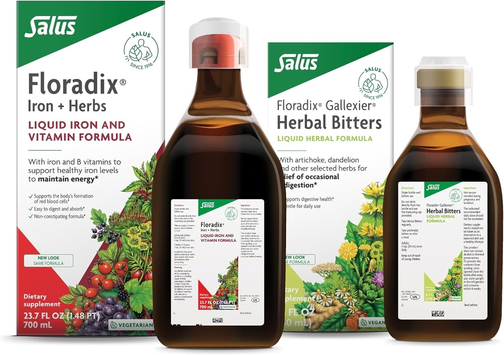 Floradix di Salus Gallexier Bitters erbe (8.5 oz) & Iron & Herbs (23.7 oz) Bundle - Bitter di erbe per il supporto digestivo* - Supplemento di ferro per il supporto energetico sano*