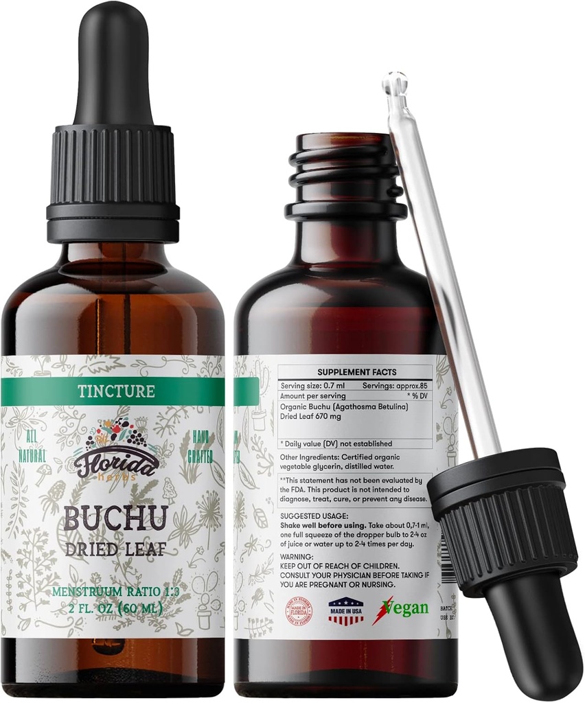 Buchu Tincture, 유기 Buchu 추출물 (Agathosma Betulina)는 잎 건강 보충교재, 찬 압박된 유기 식물성 글리세린 2개 oz, 670 mg에 있는 비 GMO를 말렸습니다