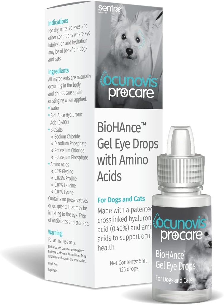Sentrx - Ocunovis ProCare Gel Eye Drops for Dogs and Cats, Hydrating Cat and Dog Eye Drops with Hyaluronic Acid, Lysine, and Amino Acids, Preservative- Free and Antibiotic- Free, 5 ml