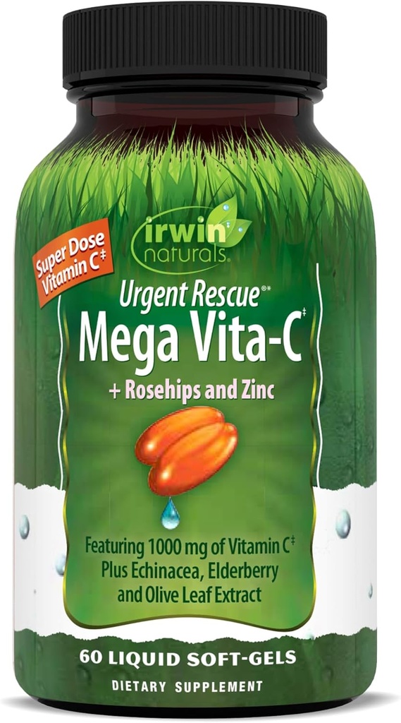 Irwin Naturals Urgent Rescue Mega Vita-C - 60 Liquid Softgels - 1,000 mg of Vitamin C - Immune Support supplement with Rosehips and Zinc