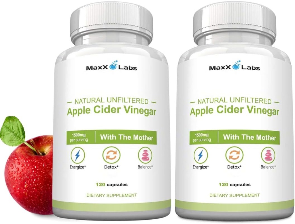 Raw Apple Cider Vinegar Capsules with Mother, 1500mg ACV Pills - Boost Energy, Support Immunity " Weight Management for Women " Men - 2 Pack