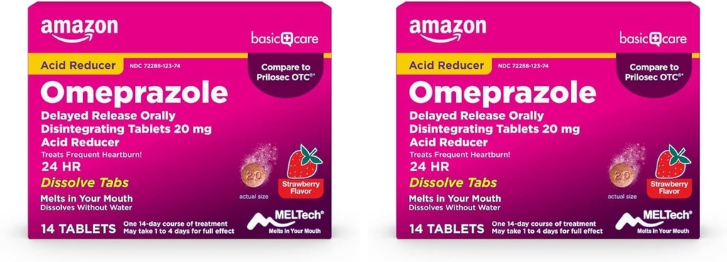 Basic Care Omeprazol Delayed Release Orally Disintegration Tablets, 20 mg, Acid Reducer, Strawberry Flavor, 14 Count (pakke med 2)